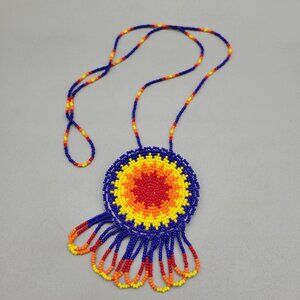 Handcrafted Beaded Necklace Round Sunburst Leather Pendant Fringe 29 Inch